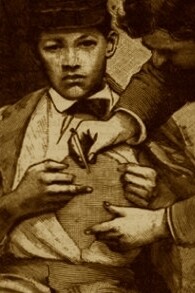 Dibujo que ilustra a Joseph Meister recibiendo la vacuna de la rabia en el laboratorio de Pasteur