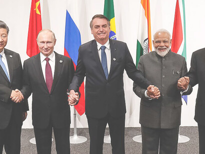 The heads of state of the BRICS countries on June 28, 2019 in Osaka, Japan. From left to right: Xi Jinping, General Secretary of the Chinese Communist Party, Vladimir Putin, President of Russia, Jair Bolsonaro, President of Brazil, Narendra Modi, Prime Minister of India and Cyril Ramaphosa, President of South Africa