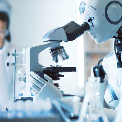 Woman collaborating with an android robot in a modern science lab