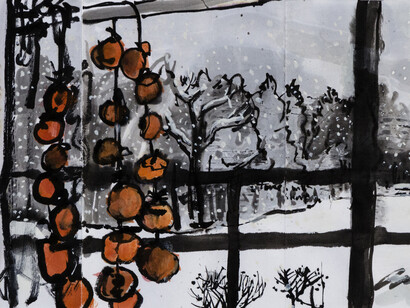 Kate Downie, Persimmons in the Snow, ink & gouache on paper, 16 x 29 cm