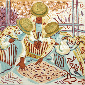 Holmwood, Sigrid 'Examining Soil', 2015, Shite yellow made from buckthorn berries; red made from madder roots; Mayan blue made from woad; purple made from cochineal be