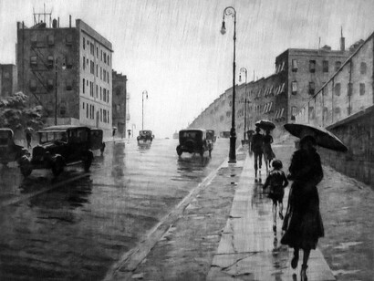 Martin Lewis (1881 – 1962). "Día lluvioso, Queens". 1931. Punta seca. Museo de Arte de Honolulu