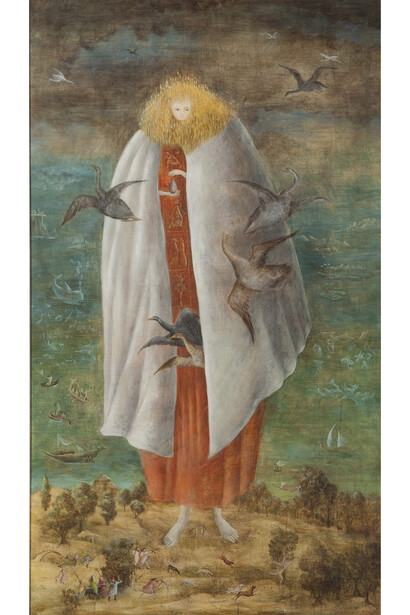 Leonora Carrington, The Giantess (The Guardian of the Egg) c.1947, Tempera on wood, 1170 x 680 mm. Photo: Pim Schalkwijk © Estate of Leonora Carrington / ARS, NY and DACS, London 2015