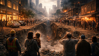 A fractured urban landscape symbolizes the widening divide between prosperity and precarity, as ordinary citizens stand at the edge of an uncertain economic and social future