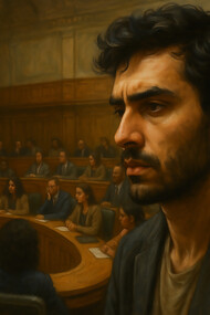 A man sits in quiet reflection as a symbolic parliament unfolds behind him—each figure representing the many voices, conflicts, and negotiations within the human mind