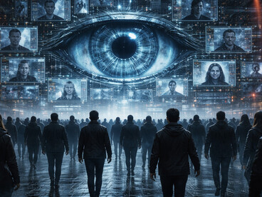 An all-seeing system watches silently as individuals move beneath it, reduced to data points in a city shaped by surveillance and control