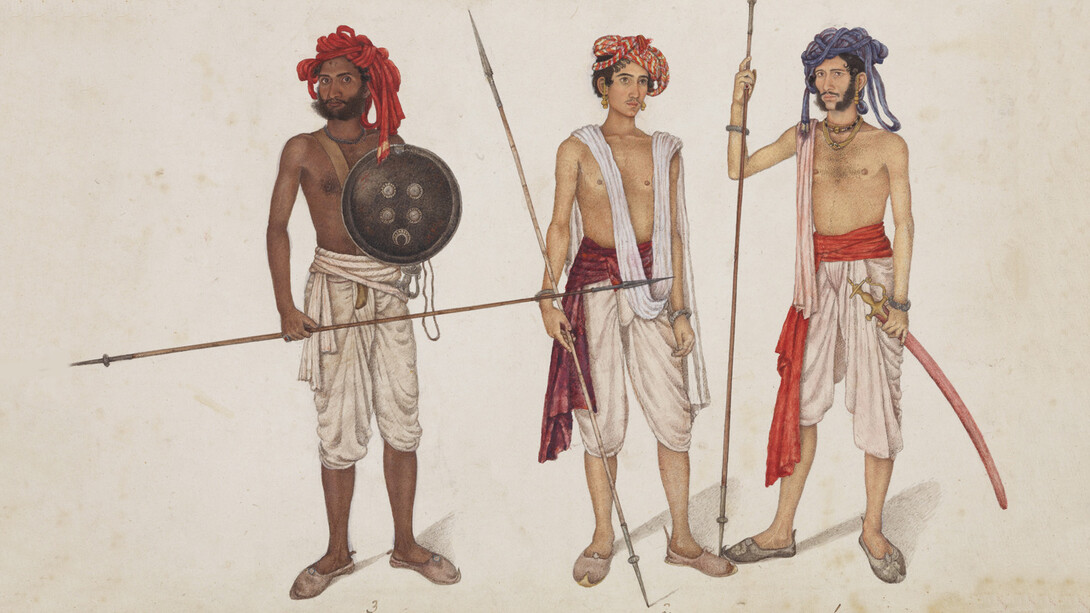 Master of the Fraser-Album, Three musketeers of Kurnal: Sergeant Kesu, Umi Chand, and Dharam Chand (Kala), Folio from a series of portraits of soldiers, dated 1816. Mit freundlicher genehmigung des Museum Rietberg