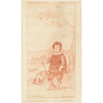 Prince Baltasar Carlos as a Hunter, Francisco de Goya, Red crayon over preliminary drawing in pencil, with border lines graphite and red chalk, 268 x 156 mm, 1778 - 1779, Hamburg, Hamburger Kunsthalle, Kupferstichkabinett © Hamburger Kunsthalle / bpk, Foto: Christoph Irrgang