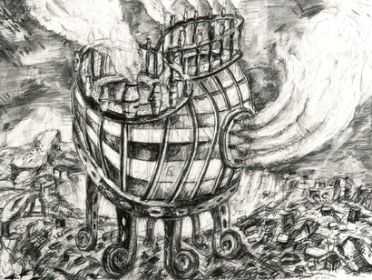 La machine à fumée, 2015
Pierre noire, fusain et graphite sur papier 50 x 65 cm.