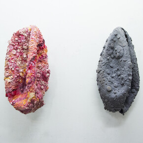 Sarah and Joseph Belknap, Deflated Exoskin (1) (left) and Deflated Moon Skin (1) (right), 2014. Courtesy of the artists.