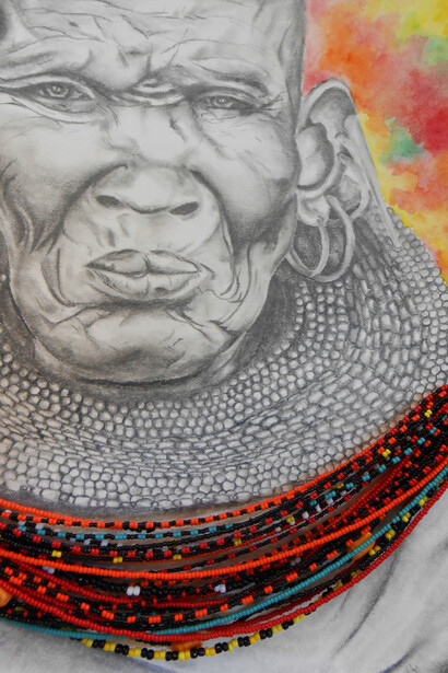 Maasai Woman, Mackenzie Traut, Age 17, Grade 12, Tottenville High School, Staten Island, Art Teacher: Wynter Carnevale, Watercolor, graphite, and strung beads on paper. Courtesy New York City Department of Education