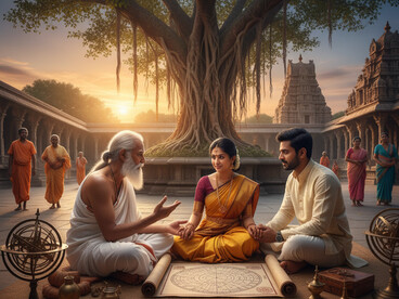 The ancient practice of Vedic astrology, not a religion, but a symbolic technology of time. Here, a consultation merges celestial patterns with terrestrial concerns, illustrating how ancient wisdom correlates cosmic rhythms with individual destiny