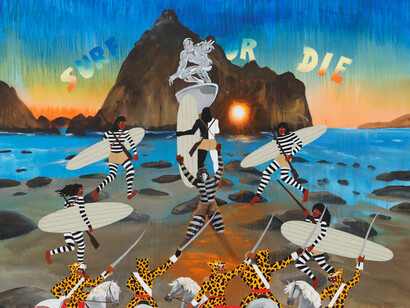 Umar Rashid, Surf or die. Or, a silent prayer for the sun to burn our pursuer’s eyes out and lead us to safety beyond the rocky shore. A sacrifice is made. Vengeance to follow., 2024. Courtesy of Blum Gallery