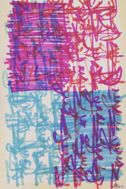 Brion Gysin, Through the window of my room at Peggy Guggenheim  Palazzo Venier dei Leoni 1962, Marker pen on paper 20 x 13 cm, Photo Jonathan Greet, courtesy October Gallery