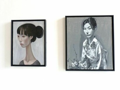 Carl Randall. Tokyo Portraits, installation view, on the left, Sumiko, 2009, oil on canvas, 48 cm x 35 cm; on the right, Ikebana, 2009, acrylic on canvas, 56 x 48 cm, © Carl Randall