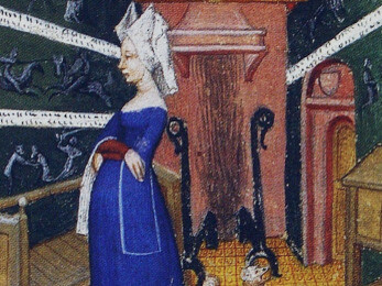  Christine de Pizan , imagen de su obre "Libro de hazañas de armas, cambios de fortuna" (c. 1401).

En ella, se dio y dio a sus lectores la oportunidad de imaginar una utópica ciudad en la que solo vivieran mujeres, donde la historia fuera escrita por ellas

