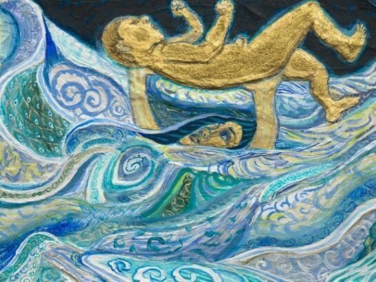 Negar Ahkami, Mother and Child, 2012, Gesso, acrylic and glitter on canvas, 11 x 14 in / 27.9 x 35.6 cm