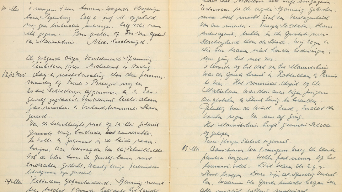 Seiten aus dem Logbuch mit Notizen von Mense de Groot als Beamter der Verwaltung des Mauritshuis, Mai 1940. Mit freundlicher Genehmigung des Mauritshuis