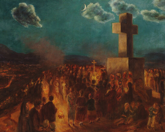 Procession to the Cross of the Martyrs, 1930. John Sloan (1871–1951). Gum arabic tempera underpaint; oil varnish glaze on panel, 24 × 32 inches (61 × 81.3 cm). Delaware Art Museum, Gift of the John Sloan Memorial Foundation, 1997. © Delaware Art Museum / Artists Rights Society (ARS), New York.