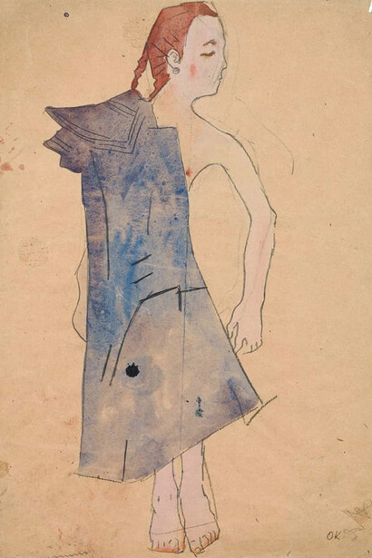 Oskar Kokoschka, Young girl in a blue coat, 1907. Tecnica matita acquerello su carta, 17.9 x 12.4 pollici. Courtesy W&K - Wienerroither & Kohlbacher
