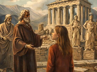 A quiet moment in ancient ruins where reading becomes a journey into early philosophy, reason, and the origins of human thought
