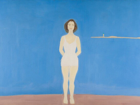Alex Katz, Bather, 1959, oil on canvas, 48" x 72". Exhibited: Alex Katz Retrospective, Whitney Museum of American Art, 1986. Alex Paints Ada, Jewish Museum, New York, 2006. Brand-New & Terrific: Alex Katz in the 50s,Colby Museum of Art, Cleveland Museum of Art, 2015. Alex Katz Retrospective: Early Paintings, Colby College July 2015, Cleveland Museum of Art, Sept. 2015. Illustrated in color in catalogs. Illustrated in Alex Katz a Retrospective by Irving Sandler. Illustrated in Alex Katz by Robert Storr. Illustrated in Alex Katz Paintings 1957-59, Robert Miller Gallery, NY. 