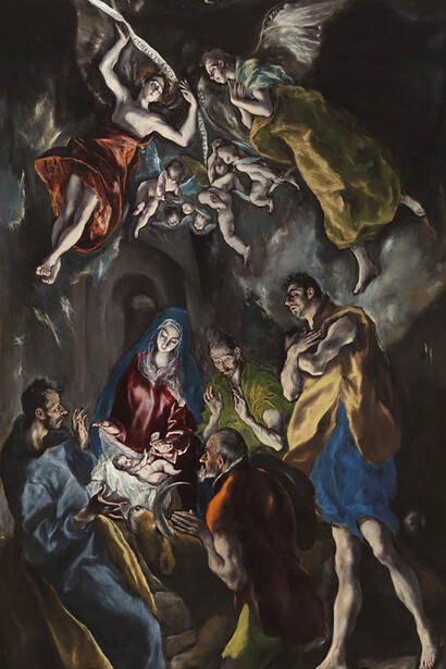 El Greco (Domenikos Theotokopoulos). The Adoration of the Shepherds, 1612–14. Museo Nacional del Prado, Madrid, detail