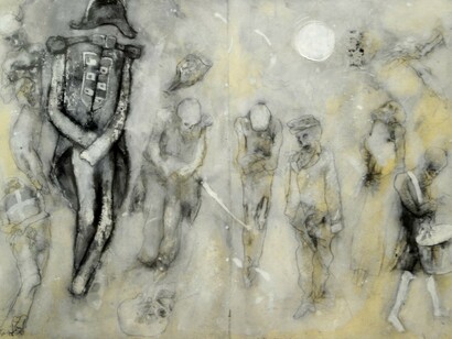 Bruno Canova, tavola dal libro L’arte della guerra, 1969-1972, grafite e tecnica mista su carta applicata su lastre di zinco, cm. 35 x 50.  Courtesy of  Museo “Il Correggio”
 
