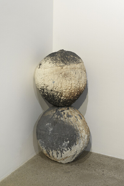 Grace Sachi Troxell, Shy Sentinels, slip-cast pumpkins, 2020, 24x12x12 inches. Courtesy of the artist and Alison Bradley Projects, NYC