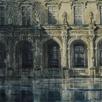 The Louvre VII, watercolor on arches paper, 26" x 26,5", 66 x 67,3cm. Courtesy of Hugo Galerie