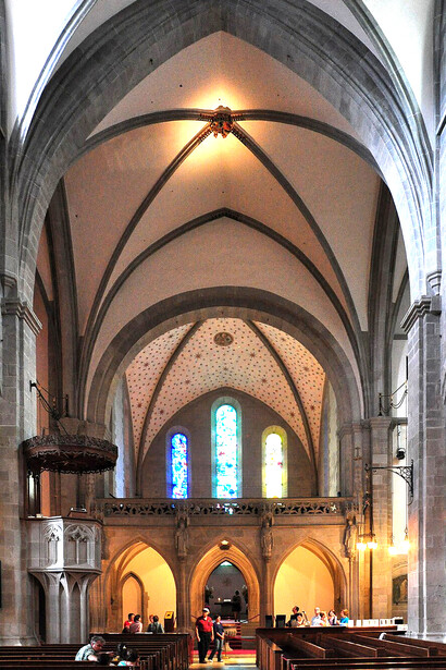 Fraumünster church inside view Zurich Switzerland, stained glass interior, European landmark