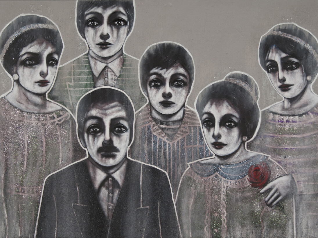 Mohannad Orabi, Family Portrait, 2015, Mixed media on canvas, 150 x 250 cm

