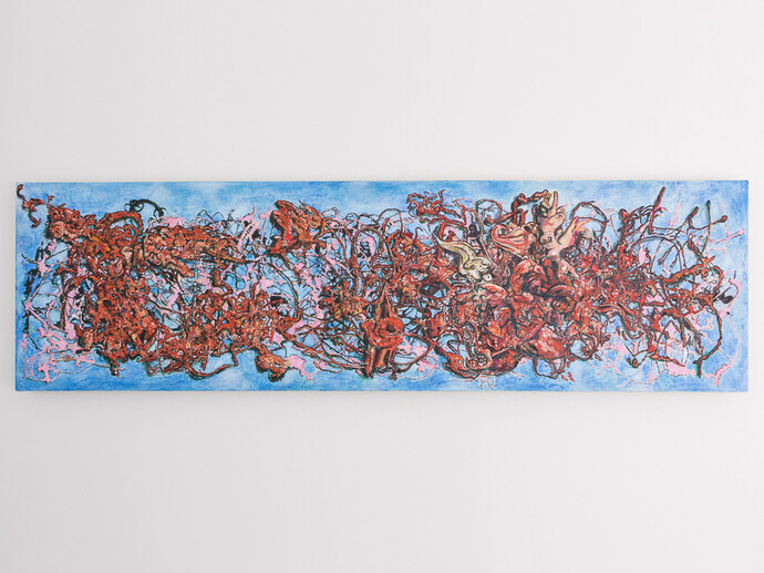 John Russell, Unique ciphers of violence and desire, 2014, acrylic paint, 67 x 231 cm, courtesy of the artist and Motinternational London & Brussels