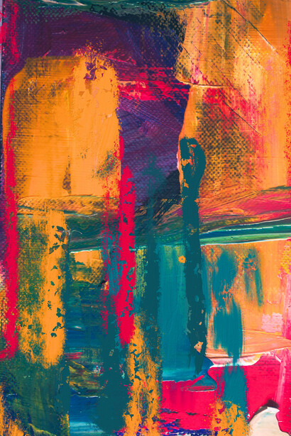 Colorful abstract painting with dynamic orange, pink and green hues