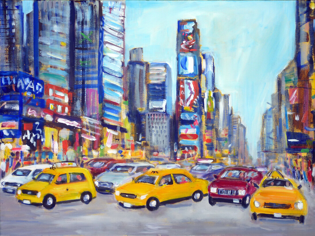 Josephine Chisholm, Time Square Taxis, acrylic on canvas, 51 x 76 cm