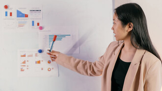 Profissional de gestão de negócios explica técnica de Scrum Master em uma empresa