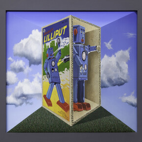 Patrick Hughes, Lilliput, 2015, Oil on board construction, 36 x 38.5 x 11 cm, 14 1/8 x 15 1/8 x 4 3/8 in, Framed: 54 x 56.5 x 13 cm / 21 1/8 x 22 1/8 x 4 3/8 in, courtesy of Flowers Gallery, London and New York