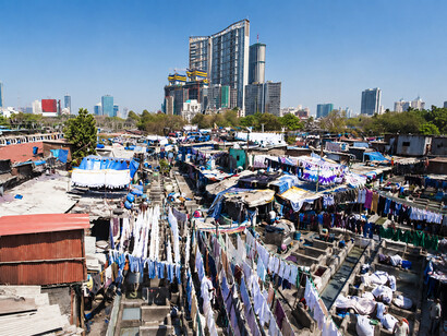 Luxury high-rise buildings in Mumbai seen from a slum in the Bandra suburbs