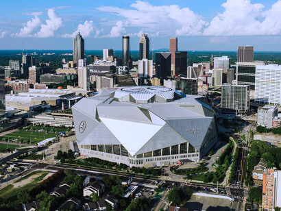 Mercedes-Benz Stadium which is an architectural landmark in Atlanta, symbolizing the innovation shaping today's sporting experiences