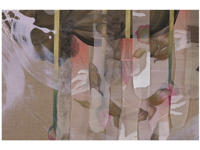 Lien Truong, A Namesake beyond beautiful, 2023 (detail). Oil, acrylic and copper pigment on canvas, linen, wood panel, and silk; printed chiffon, 106x103.25 inches. Image courtesy of the artist and UTA Artist Space
