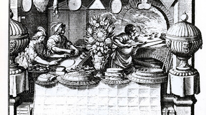 La bottega delle delizie, incisione di Abraham  Bosse, Parigi, Museo Carnavalet (XVII secolo)