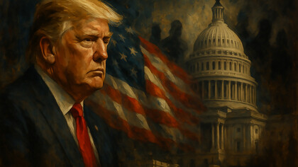 A powerful portrait of Donald Trump set against the American flag and Capitol dome, symbolizing the turbulent intersection of leadership, national identity, and executive power in modern America