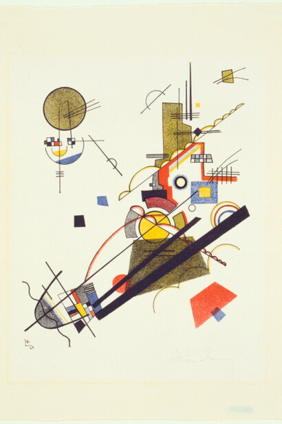 Vassily Kandinsky, Joyous Ascent (Fröhlicher Aufstieg), from Masters' Portfolio of the Staatliches Bauhaus, (Meistermappe des Staatlichen Bauhauses), Photo credit: Bauhaus‐Archiv Berlin, photo: Markus Hawlik, © VG Bild‐Kunst, Bonn 2014