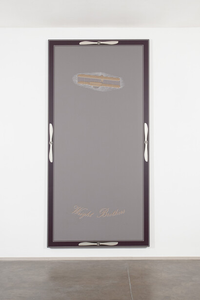 Gianni Piacentino, "WRIGHT BROTHERS G.P. (I): prospect with propellers on vertical", 1972 - 1973, 
Acrylic, pearl paint, silver synthetic paint on canvas, 130 x 61 inches, 330 x 155 cm