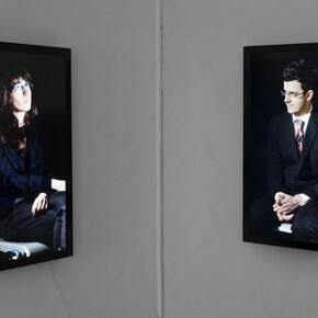 Timotheus Tomicek, Conversation, 2 piece video installation, 29.5 x 17.75 inches