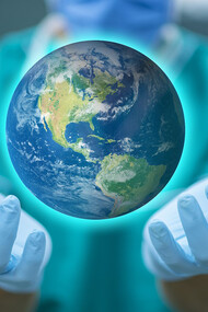 Sector salud. Las manos de un médico protegen el mundo