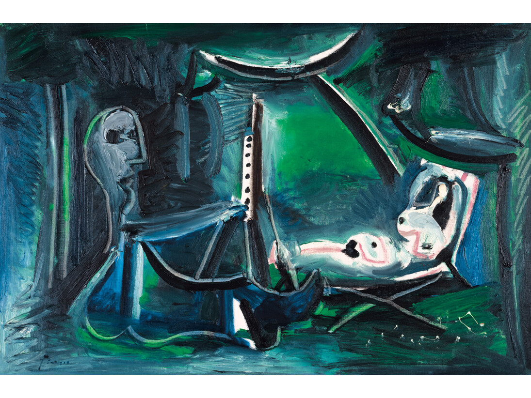 Pablo Picasso, Le peintre et son modèle dans un paysage, 1963, Oil on canvas, 25 5/8 x 39 3/8 inches, Acquavella Galleries Art © 2015 Estate of Pablo Picasso / Artists Rights Society (ARS), New York
