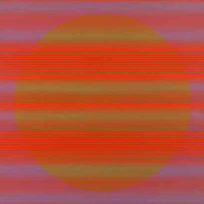 Julian Stanczak, Referential Circle, 1968, Acrylic on canvas, 72 1/8 by 77 1/8 in.  183.2 by 195.9 cm. Courtesy of the artist and Mitchell-Innes & Nash, NY