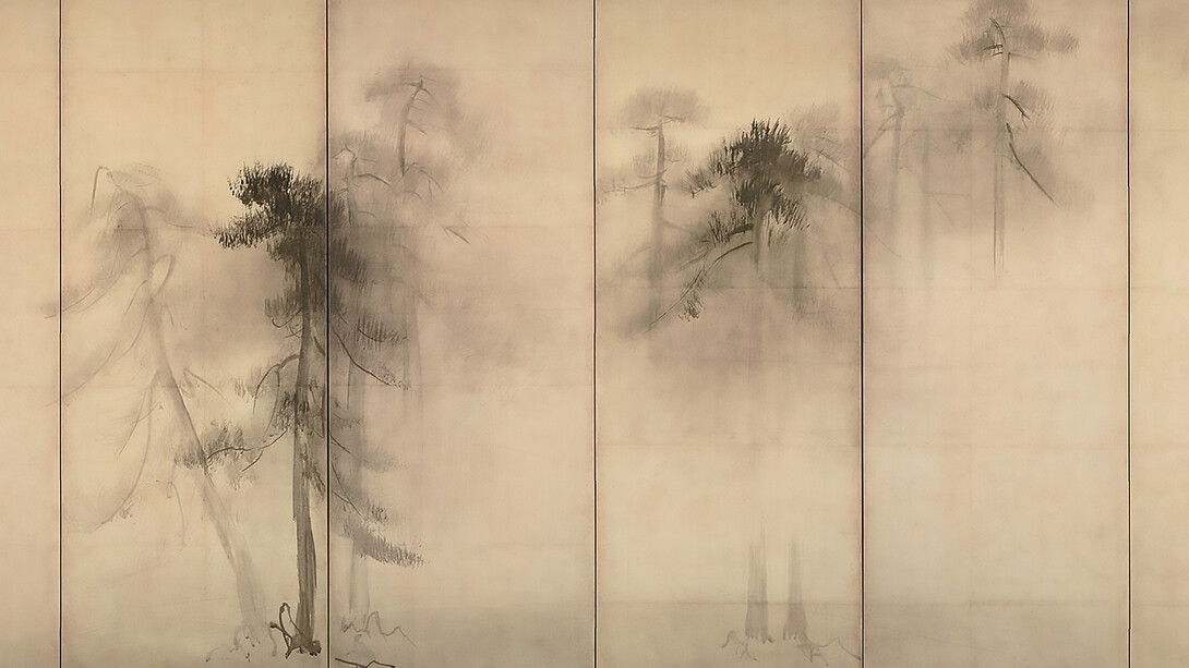 Hasegawa Tōhaku’s Pine Trees (Shōrin-zu byōbu), left-hand screen, a celebrated Japanese ink painting from the late 16th century
