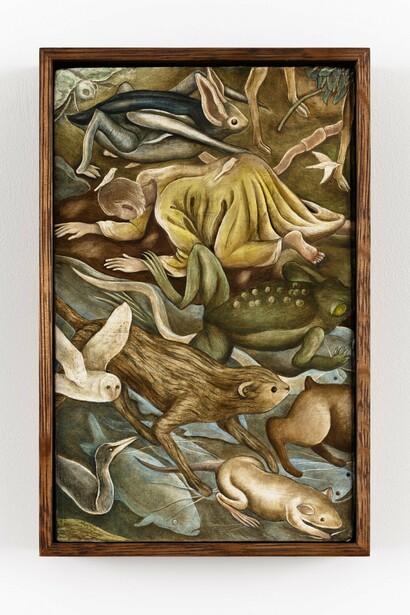 Cheri Smith, Flood, 2023, oil on book cover. Courtesy of the artist and Fortnight Institute, NY